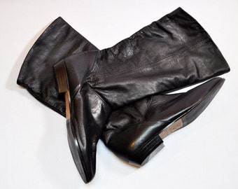 Vintage Tall Black Leather Fold Over Flat Pointed Toe Slouchy Pirate Boots