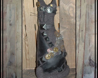 SALE Steampunk sci fi folk art cat goggles gears clock parts HAFAIR HAGUILD ofg faap black studs wool lucys lazy dayz