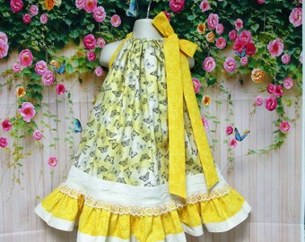 Girls Dress 3T/4T Yellow Cream Sketched Butterfly Pillowcase Dress, Pillow Case Dress, Sundress, Boutique Dress