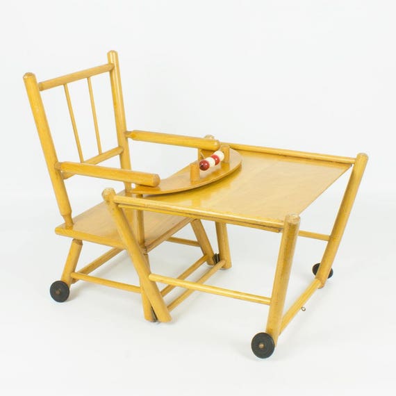 Vintage European Foldable Wooden Dolls Kids High Chair Toy
