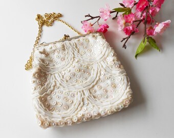 White Beaded Evening Bag, Vintage White Bag,White Beaded Handbag, Wedding Purse, Vintage Beaded Purse, Hand Beaded Hong Kong EB-0211
