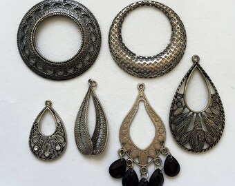 vintage salvaged eco friendly charcoal silver tone metal earring components for creating assemblages and ooak jewelry--mixed lot of 6