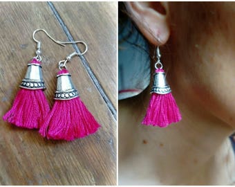 Hot pink long tassel earrings