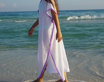 Beach cover ups, Long coverup with Pom poms, swimsuite coverup, gauze cotton coverup, resort wear, must have for any beach vacation