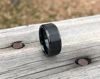 Men's Black Tungsten Wedding Band 8MM Ring Comfort Fit Stepped Edge