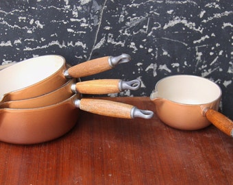 set of 2 LE CREUSET French Heavy Cast Iron enamel cooking pot brown saucepan casserole 14 or 18 size/ TECK handle 1970s / Holy10