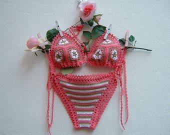 Pink, Ecru and white cotton crochet Bikini-two-piece triangle-striped crochet Slip-granny Bra