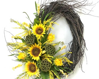 Sunflower Wreath, Sunflowers, Summer Wreath, Summer Decor, Fall Wreath, Fall Floral, Sunflower Door Decor, Birch Wreath, Fall, Lotus Pods