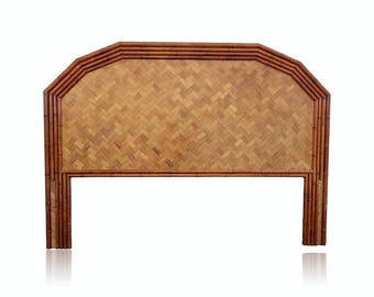 VVH Vintage Woven Rattan and Faux Bamboo Queen Headboard Wicker Cane Coastal Bohemian Mid Century Retro Palm Beach Island Style Tropical