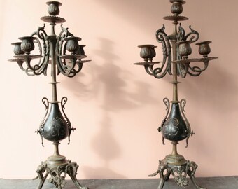 Antique French pair of candelabra candle holders bronze marble Napoleon 3 French chateau chic