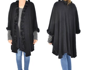 IG800SW Poncho knit cape with fur one size cloak vest gr. 38-52 Black