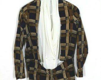 Vintage 1940s Brown Plaid Velvet Waistcoat Blazer, Sz XS