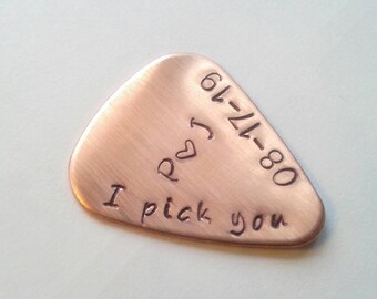 Personalized Copper Guitar Pick or Keychain With I Pick You, Initials, Date & Heart - Customized 7th Anniversary Gift - Wedding Keepsake