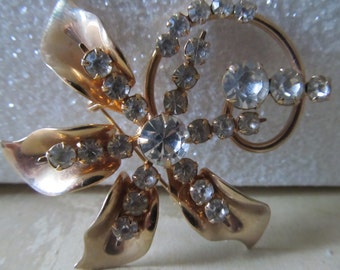 Vintage Gold Tone 1960's Brooch with Prong-set Rhinestones - DAZZLE