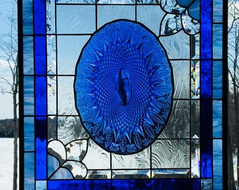 stained glass panel Large Blue Feathers 25 x 21
