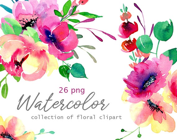 Watercolor Flowers Clip Art Hand Painted Floral PNG Bright