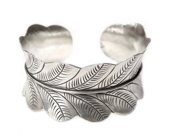 Sterling Silver Wide Large Statement Leaf Wide Cuff Bracelet, Handmade Boho Gypsy Nature Cuff Bangle, Tribal Cuff, Gift for Her