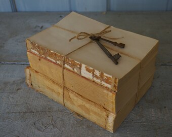 Antique Coverles Stacked Books, Farmhouse Decor, Vintage Coverless Books, Bookworm for her, Skeleton Key, Unbound Books, French Country