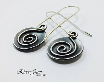 Silver Disc Earrings, Silver Circle Earrings, Long Dangle Swirl Earrings, Argentium Silver Earrings, Oxidized Earrings