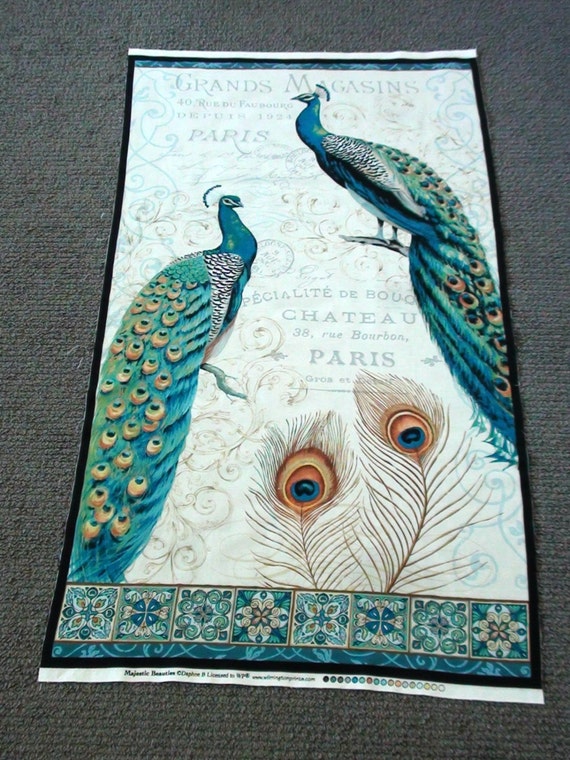Peacock fabric panel. Bird fabric quilting. Feather fabric.