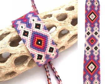 Large friendship bracelet - diamond pattern - knotted - woven - macrame - embroidery floss - string - thread - pink - purple - wide - cuff