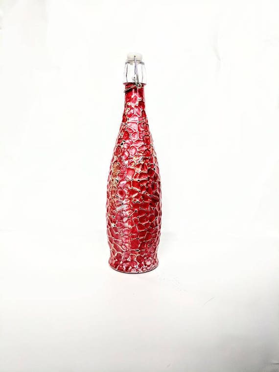 Red and gold glass bottle hand painted Olive oil bottle 34 oz. glacier bottle with wire bail lid