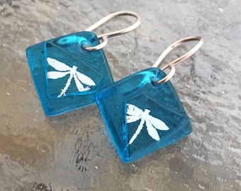 Small Completely Translucent Turquoise Fused Glass & Silver Dragonfly with Sterling Silver Hooks
