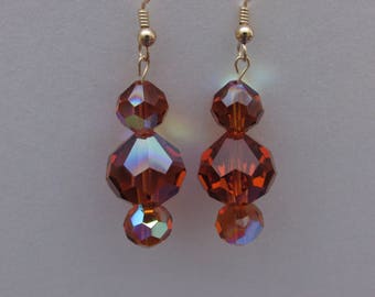 Elegant Vintage Swarovksi Crystal Dangle Earrings, Madeira Topaz AB Crystal Beads, Gold Filled Ear Wires