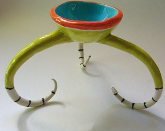 whimsical pottery Dish w/ polka-dots, stripes, curly legs, fun, colorful ceramic Office -- ready to ship turquoise, orange & chartreuse