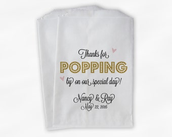 Thanks For Popping By Popcorn Bags - Black and Gold Script Candy Buffet Favor Bags for Wedding, Birthday, Shower - Paper Treat Bags (0193)