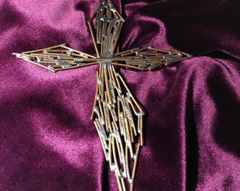 Handmade Wire Sculpture Cross ornament, decor, brass cross ornament, Wall decoration, industrial ornaments