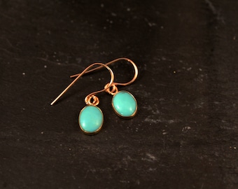 Rose Gold Oval Gemstone Dangle Earrings (Labradorite Turquoise Aqua Chalcedony Opal Moonstone Bridesmaid Wedding Gifts for Her Under 50)
