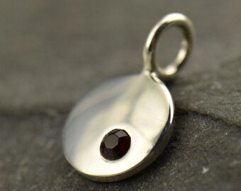 January Birthstone Charm Sterling Silver Small Garnet Charm, Birthstone Charm with January Crystal, Birthstone Disc Disk Charm