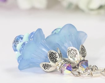 Light Blue Earrings, Trumpet Lily Dangles, Lucite Earrings, Lucite Flower Earrings, Petunia Earrings, Bridesmaids Gift, Blue Floral Earrings