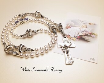 Personalized Baptism Rosary. Swarovski Pearls. White Rosary. Catholic Rosary. Catholic Gift. Christening Rosary. Baby Rosary. #R83
