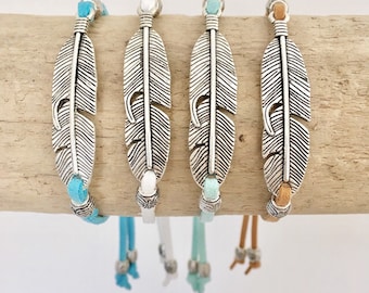 feather bracelet, bohemian jewelry, boho style faux suede bracelet, beach gypsy jewelry
