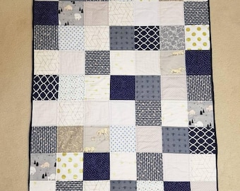 Navy and Neutral Crib Sized Baby Quilt