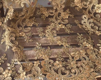 51" Emma GOLD Embroidered Flower with Sequins Scalloped Edge on a Mesh Lace Fabric by the Yard, Half Yard, and Wholesale - SKU 1000
