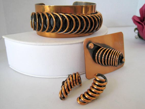 Renoir Copper Jewelry Set, Modernist Coils, Cuff Brooch Earrings, 4 piece copper set