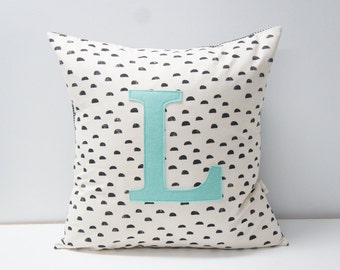Monogrammed Pillow cover, 20x20, blacks moons on natural, any letter available