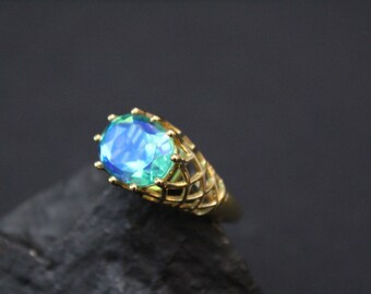Sterling Silver Gold Overlay Swarovski Crystal Iridescent Gemstone Ring, Swarovski Crystal Jewelry, Aurora Borealis Gemstone Ring
