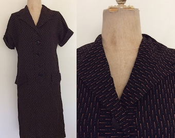 1960's Black Shift Dress with Orange Specs Stripes Size Medium by Maeberry Vintage