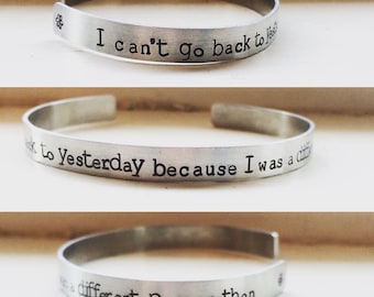 Alice in wonderland bracelet, movie quote cuff bracelet, hand stamped personalized jewelry