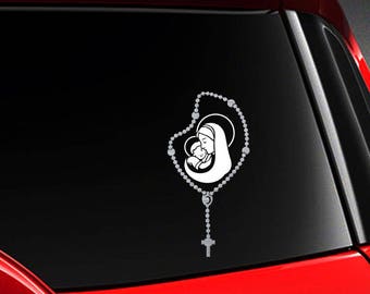 Silver Catholic Rosary Beads w Mother Mary Baby Jesus Vinyl Car Decal Sticker 7"