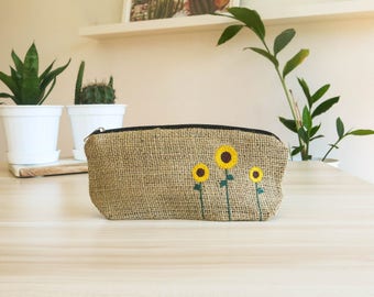 Burlap Pencil Case With Sunflower Embroidery, cool pencil case, pouch, burlap pouch, cute pencil case