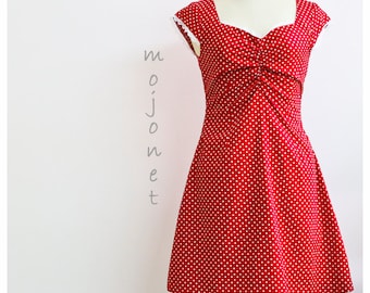 Red Polka Dot Dress, Red Retro Dress, Red Summer Dress, Red Garden Dress, Polka Dot Retro Dress, Gift For Her, Red 70s Dress, Red Sundress