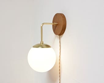 plug in wall sconce, midcentury lighting, brass wall lamp, modern light