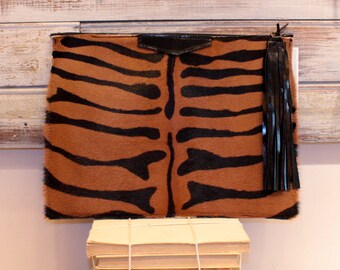 Zebra print clutch, calf hair clutch, zebra pattern clutch, oversized evening purse
