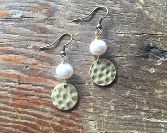 Pearl and Antiqued Bronze Earrings