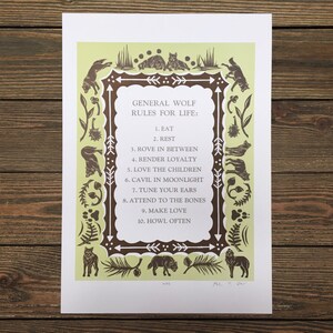 LIMITED EDITION General Wolf Rules for Life: Woodcut Letterpress Print (Original)